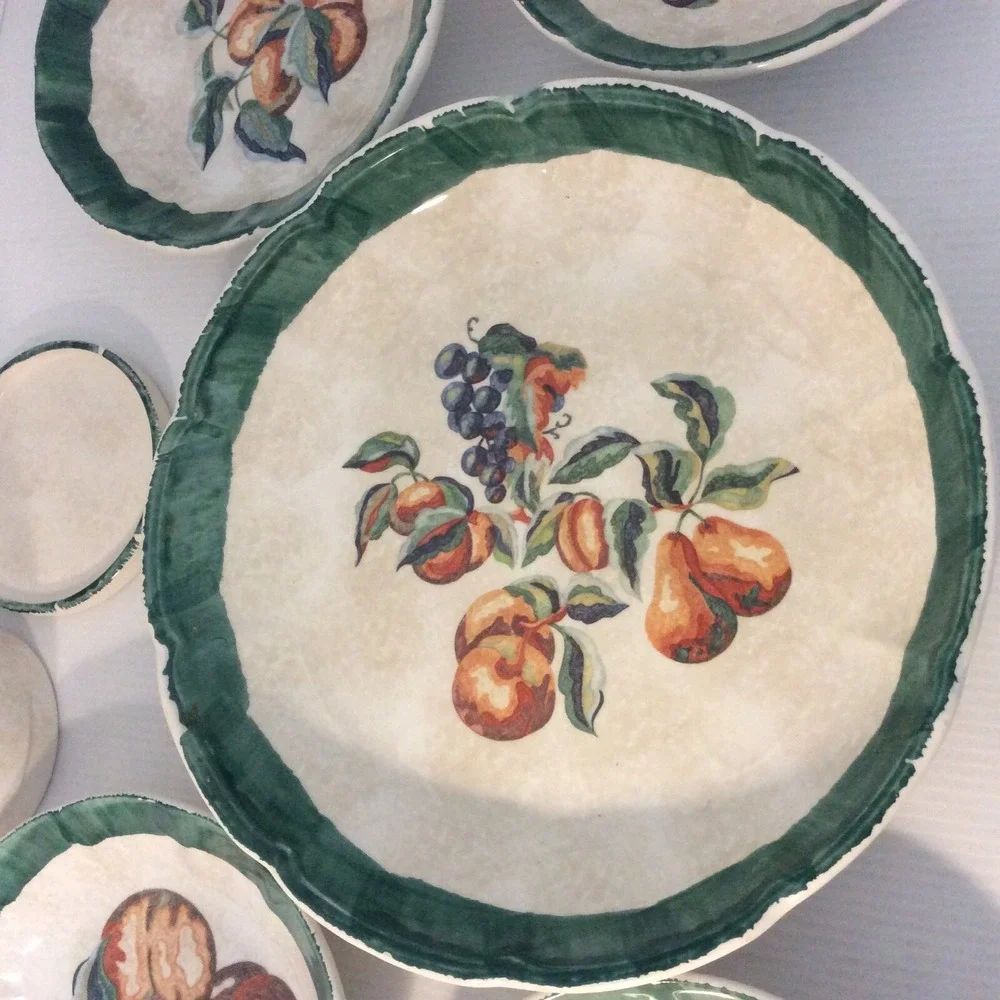 Mid Century Himark Spongewear Italy Pottery Pasta Bowl Set Cottage Core Green